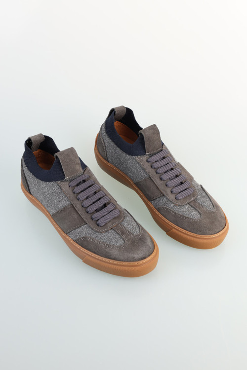 Gri Deri Sneaker Örme Spor Ayakkabı
