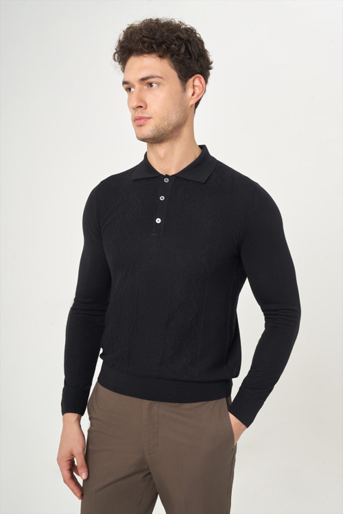 Siyah Regular Fit Yün Düğmeli Polo Yaka Triko