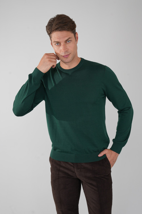 Yeşil Regular Fit Yün Bisiklet Yaka Triko