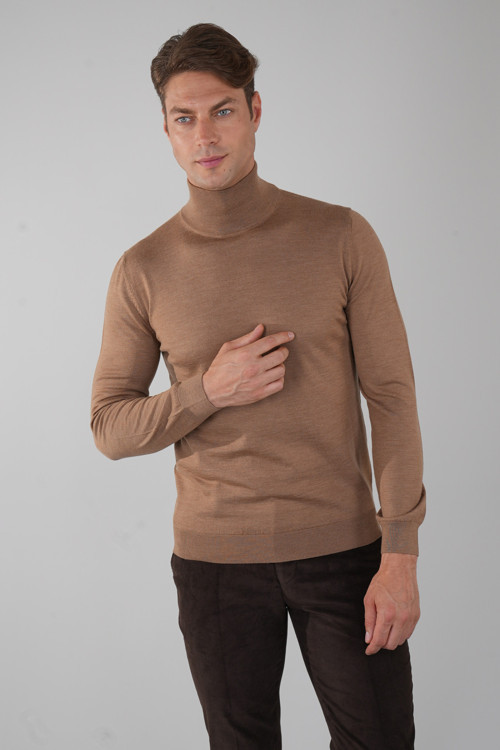 Kahve Regular Fit Yün Basic Yarım Balıkçı Yaka Triko