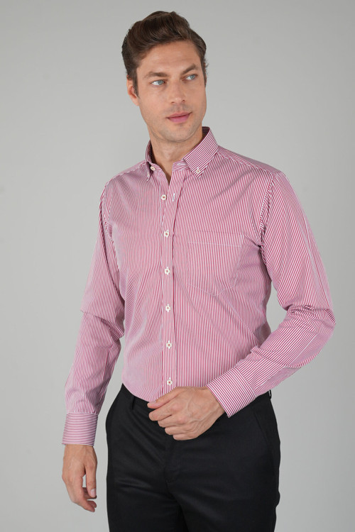 Bordo Regular Fit Pamuk Uzun Kollu Çizgili Gömlek