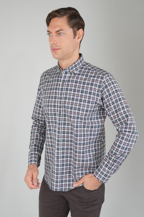 Kahve Regular Fit Pamuk Uzun Kollu Gömlek