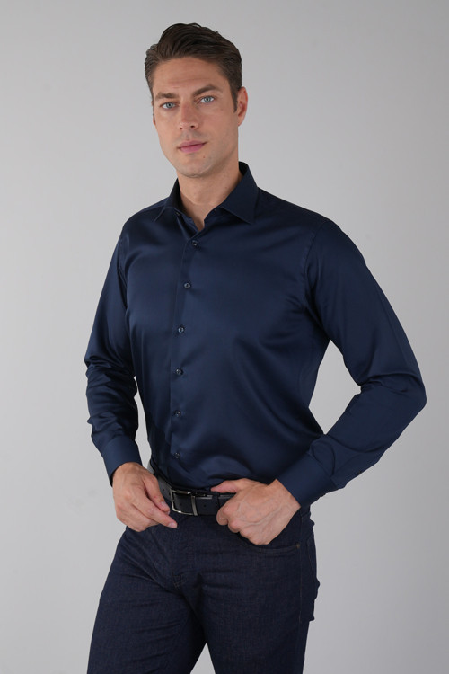 Lacivert Regular Fit Pamuk Cepsiz Klasik Uzun Yaka Saten Gömlek