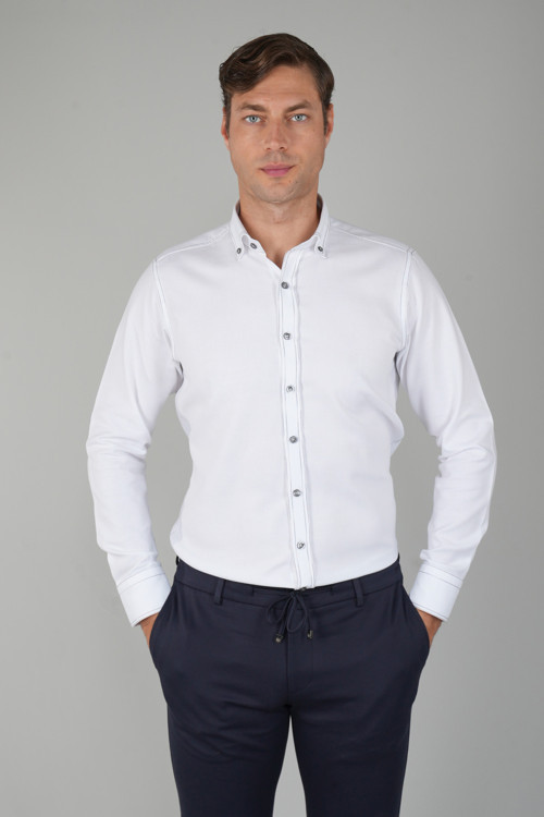 Beyaz Regular Fit Pamuk Uzun Kollu Dikişli Haki Gömlek