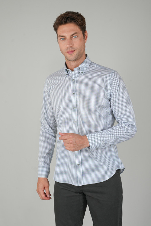 Yeşil Regular Fit Pamuk Kareli Gömlek