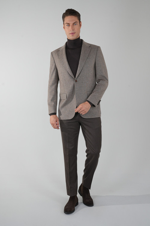 Bej Polyester Yün Düğmeli Comfort Mono Yaka Çift Yırtmaçlı 6 Drop Ceket