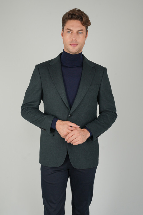 Yeşil Polyester Yün Düğmeli Comfort Mono Yaka Çift Yırtmaçlı Drop Ceket