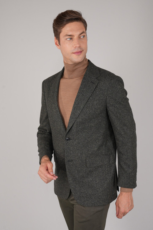 Haki Polyester Yün Düğmeli Comfort Mono Yaka Çift Yırtmaçlı Drop İpek Ceket