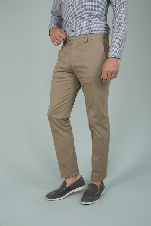 Bej Pamuk Pamuklu Chino Pilesiz Spor Pantolon