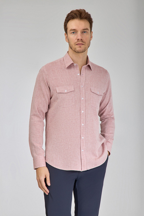 Kırmızı Regular Fit Modern Pamuk Keten Spor Yaka Linen Gömlek