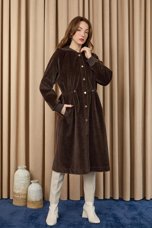 Kadın Beli Tünelli Kapüşonlu Uzun Fox Kaban - 15234KBN - BROWN