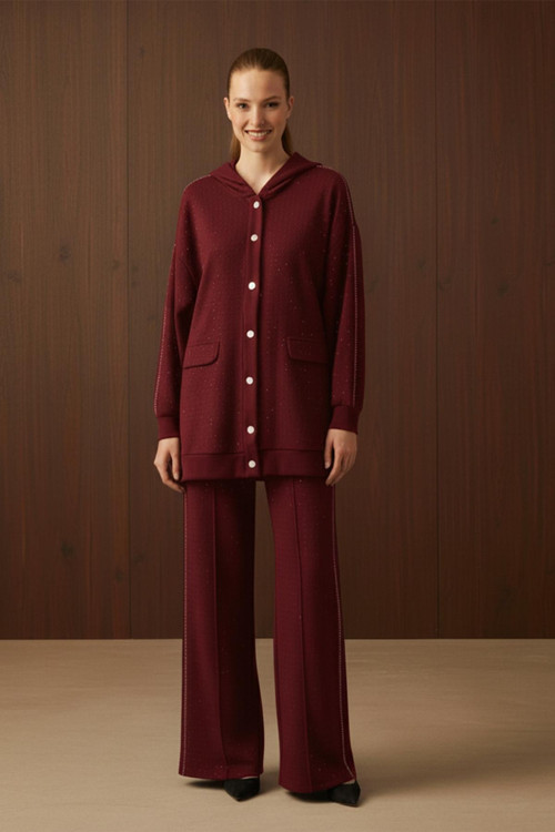 Kadın Taş İşlemeli Kapüşonlu Spor Şık Oversize Takım -14409TKS - BURGUNDY