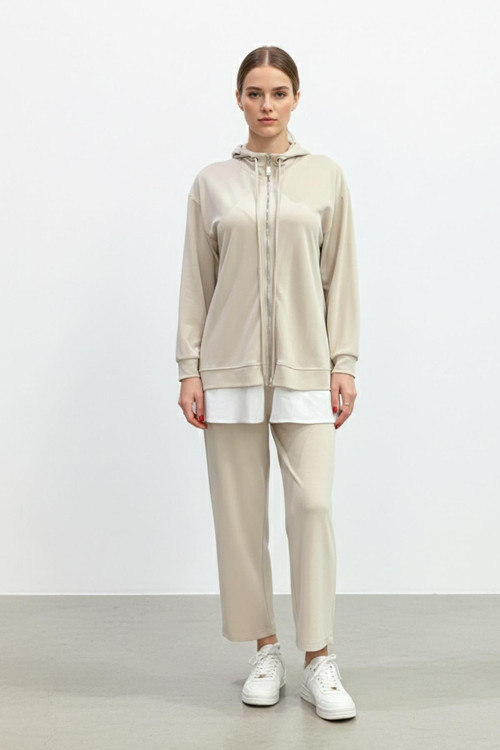 Kadın Kapüşonlu Fermuarlı Tunik Pantolon Takımı-14427 - BEIGE