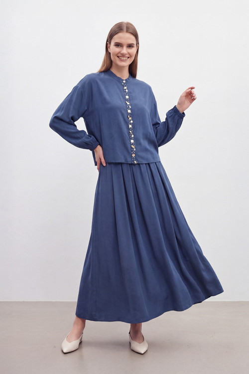 Kadın Taş Düğme Detaylı Bluz ve Uzun Etek Takım-14434 - INDIGO