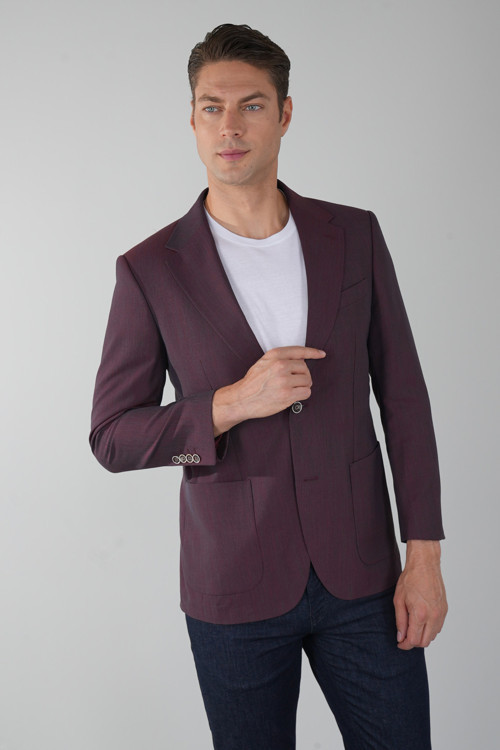 Bordo Regular Fit Keten Polyester Yün Düğmeli Platinum Ceket