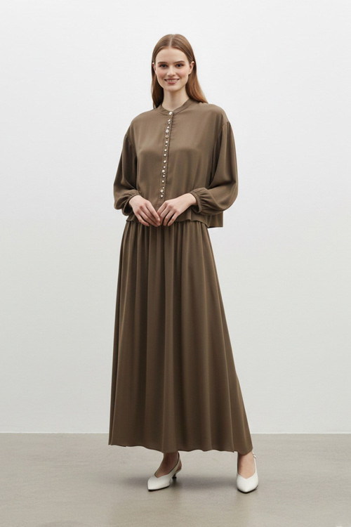 Kadın Taş Düğme Detaylı Bluz ve Uzun Etek Takım-14434 - BROWN