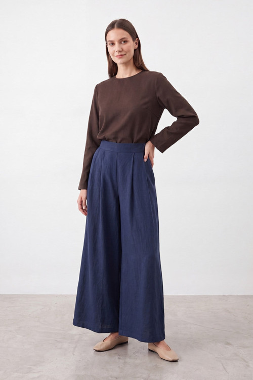 Kadın Beli Lastikli Geniş Paça Dokuma Pantolon – 18310PNT - NAVY