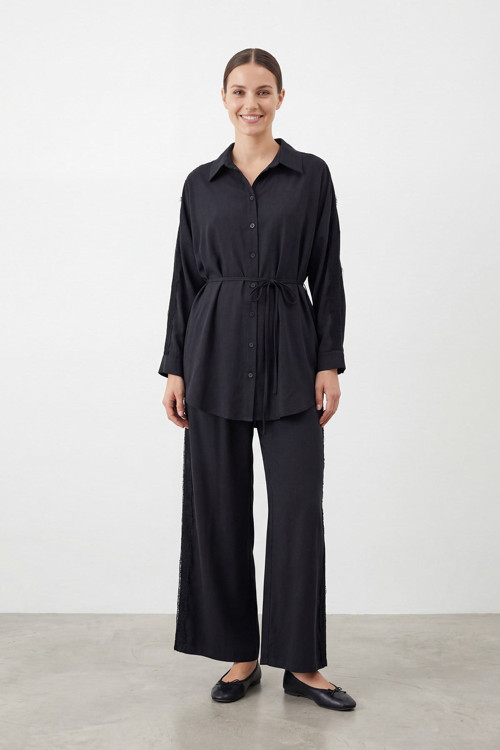 Kadın Kuşaklı Gömlek Yaka Tunik Pantolon Takım – 14468TKS - BLACK