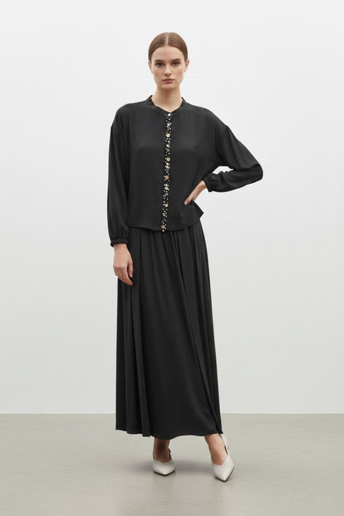 Kadın Taş Düğme Detaylı Bluz ve Uzun Etek Takım-14434 - BLACK