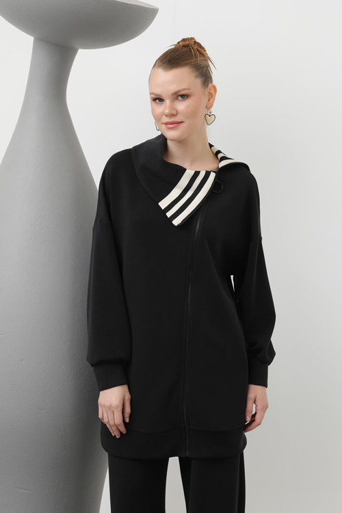 Kadın Yakası Şerit Detaylı Pantolonlu Takım - 14292TKS - BLACK