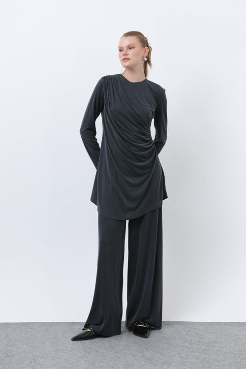 Kadın Drape Detaylı Pantolonlu Takım - 14349TKS - DARK ANTHRACITE