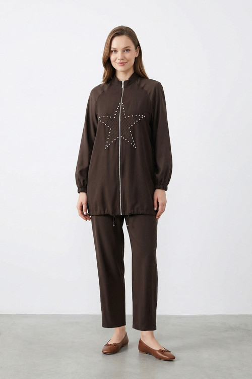 Kadın Yıldız Taş Detaylı Fermuarlı Tunik Pantolon Takım – 14447TKS - BROWN