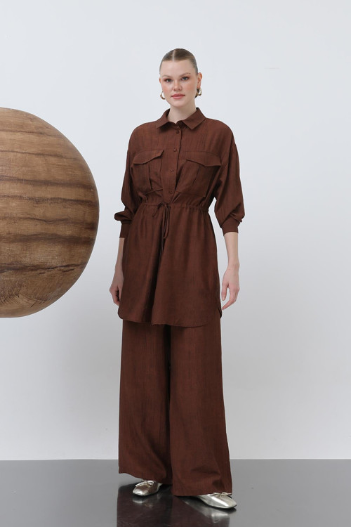 Kadın Beli Büzgü Detaylı Pantolonlu Takım - 14310TKS - BROWN