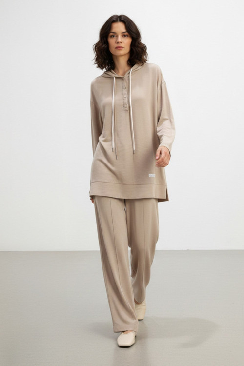 Kadın Önü Çıtçıt detaylı Kapüşonlu Pantolon Takım - 14328TKS - BEIGE