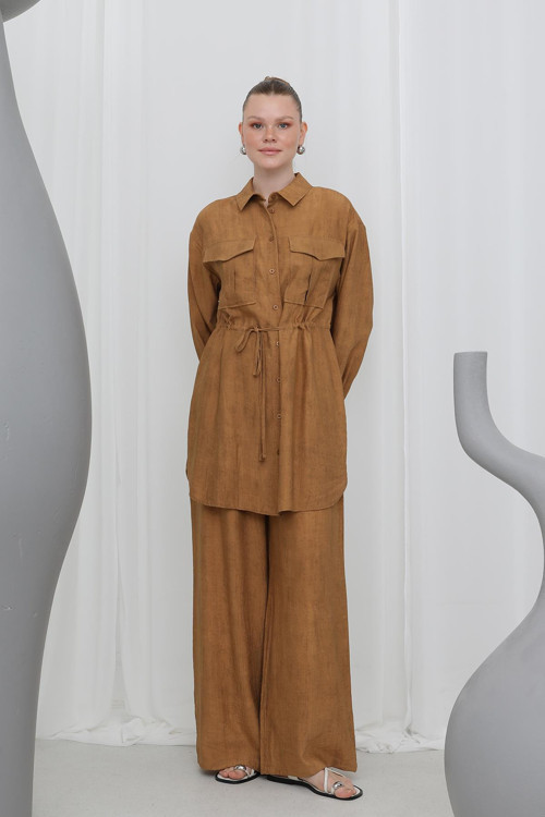 Kadın Beli Büzgü Detaylı Pantolonlu Takım - 14310TKS - CAMEL
