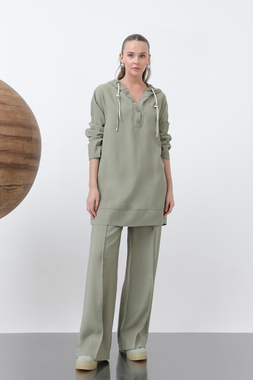 Kadın Önü Çıtçıt Ve Kordon Detaylı Pantolonlu Takım - 14319TKS - KHAKI