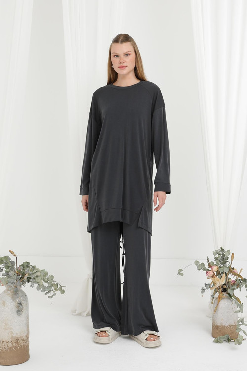 Kadın Büzgü Detaylı Pantolon Takım -14358TKS - BLACK