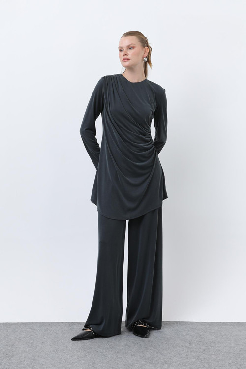 Kadın Drape Detaylı Pantolonlu Takım - 14349TKS - DARK ANTHRACITE