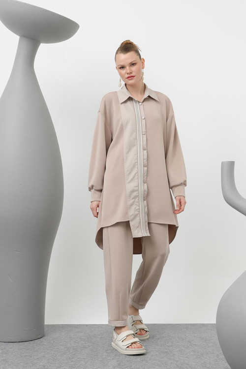 Kadın garnili şerit detaylı takım - 14297TKS - BEIGE