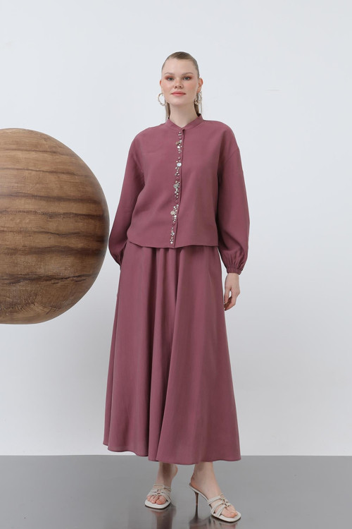 Kadın Pat Kısmı Deniz Kabuğu İşlemeli Bebe Yaka Etekli takım - 14308TKS - DARK ROSE