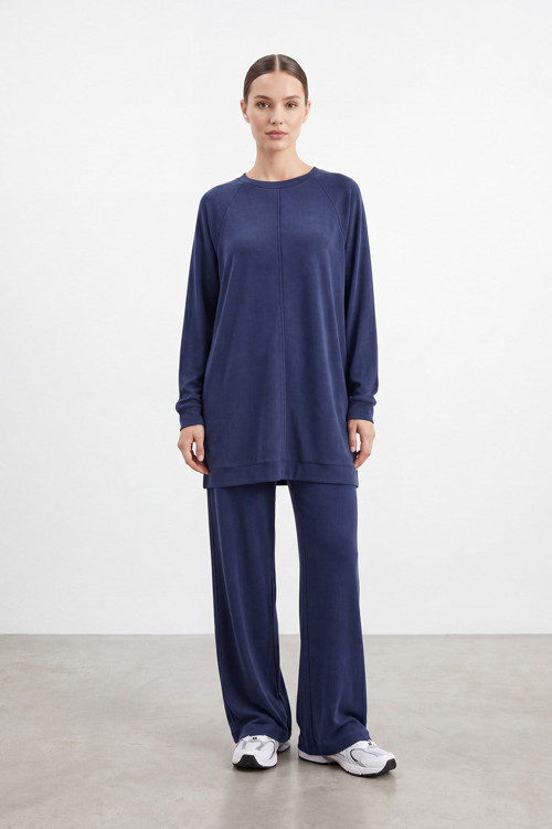 Kadın Bisiklet Yaka Rahat Kesim Tunik Pantolon Takım – 14426TKS - NAVY