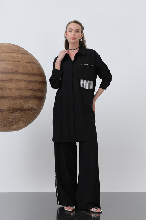 Kadın Omuz Garni Detaylı Pantolonlu Takım - 14322TKM - BLACK