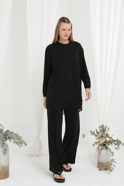Kadın Şifon Geçişli Pantolon Takım -14352TKS - BLACK
