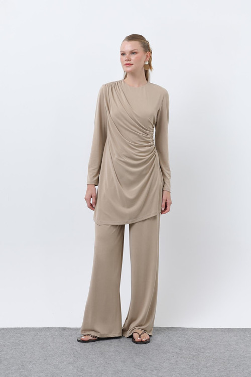 Kadın Drape Detaylı Pantolonlu Takım - 14349TKS - BEIGE