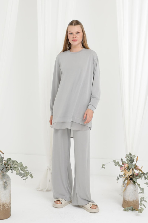 Kadın Şifon Geçişli Pantolon Takım -14352TKS - GREY