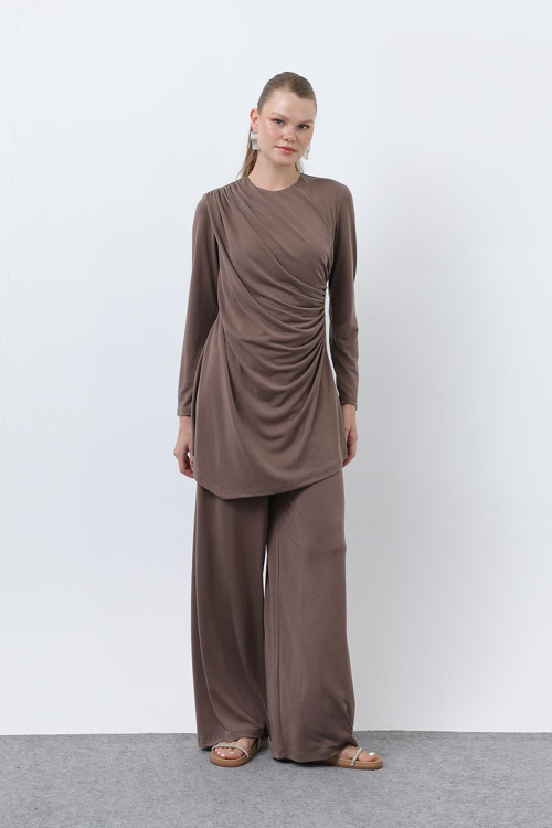 Kadın Drape Detaylı Pantolonlu Takım - 14349TKS - BROWN