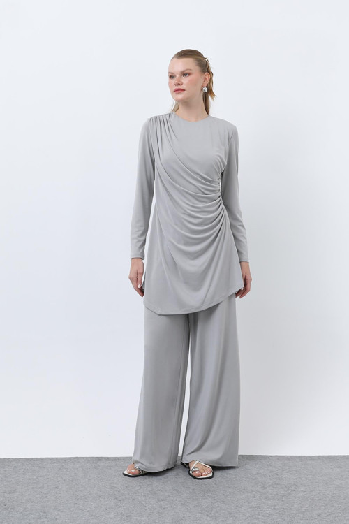 Kadın Drape Detaylı Pantolonlu Takım - 14349TKS - GREY