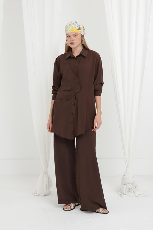Kadın Asimetrik Katman Detaylı Gömlek Pantolon Takım-14351TKS - BROWN