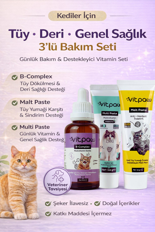 Kediler İçin Tüy Ve Genel Sağlık Vitamin Seti (Malt Paste - B+ Complex - Multi Paste)