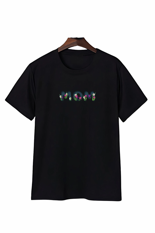 Anneler Günü Mom Çiçek Temalı Baskılı Oversize Bisiklet Yaka T-Shirt - Siyah