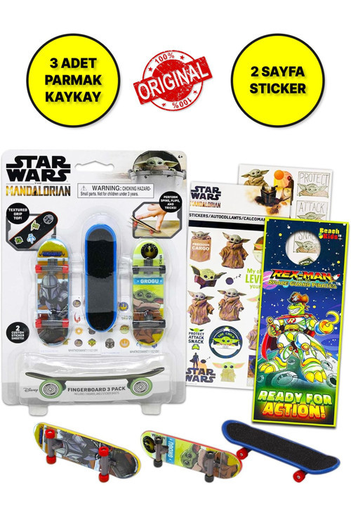 Star Wars Mandalorian Baby Yoda Figürlü 3 lü Parmak Kaykay ve 2 Sayfa Sticker Seti