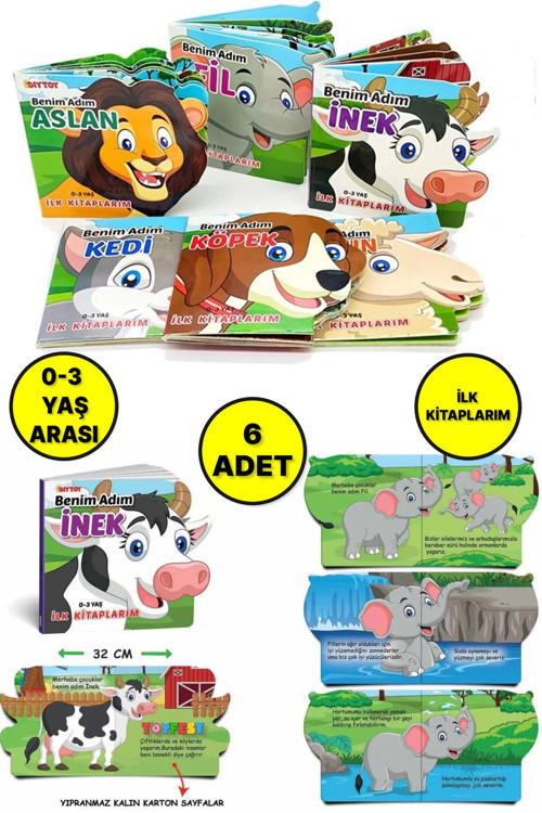 6 lı Hayvanlar Tanıtımlı ilk Kitaplarım Eğitici Okuma Kitabı Aslan - Kedi - Fil- İnek - Köpek- Koyun