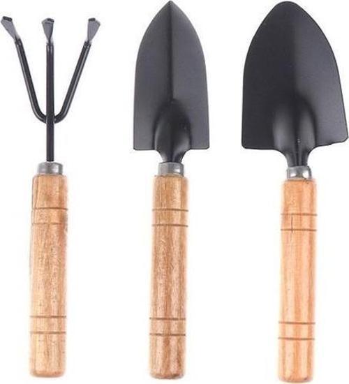 3 Parça Bahçe Dikme Seti Mini Saksı Hobi Seti Ahşap Saplı 18 cm Kürek Tırmık Seti