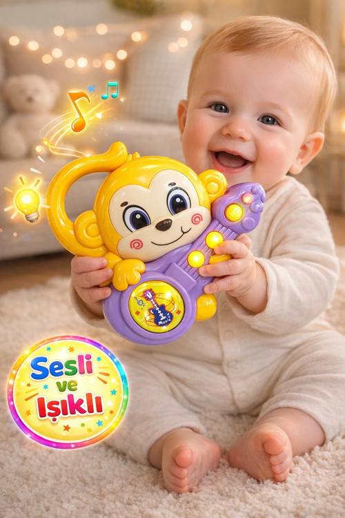 Sesli ve Işıklı Gitar Çalan Maymun Bebek Oyuncağı - 14 CM