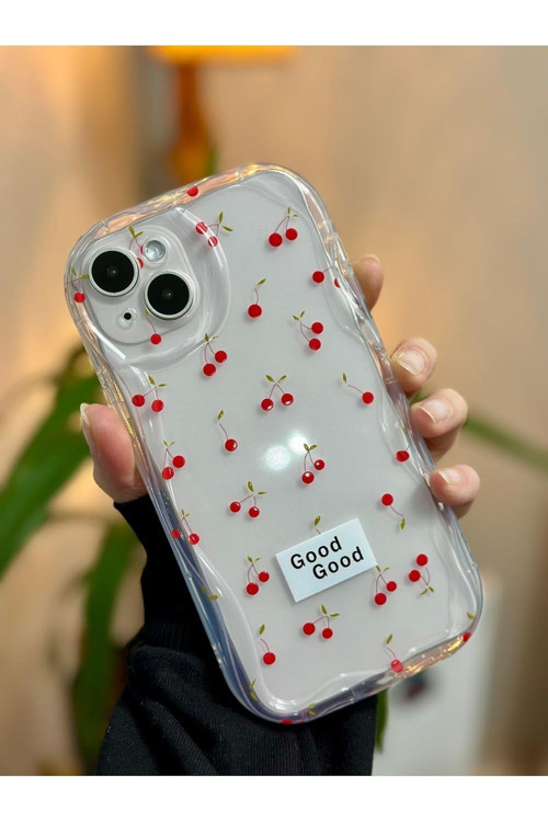 Iphone 14 - 15 ile Uyumlu 3D DALGALI CHERRY Şeffaf Baskı Desenli Silikon Kılıf