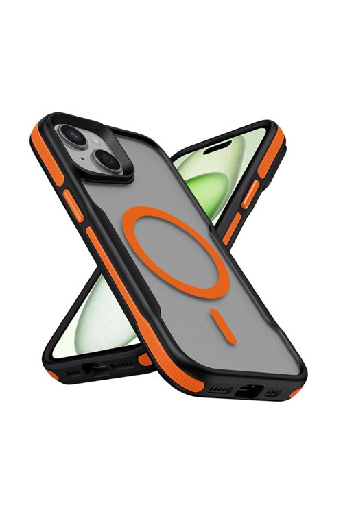 iPhone 13 Kılıf, MagSafe Uyumlu Şeffaf Buz Kasa, Airbag Köşe Darbe Koruma, Yükseltilmiş Kamera Çerçevesi, Tam Kalıp TPU+PC | Turuncu Kenar
